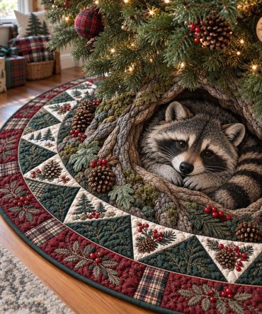 Woodland Raccoon Hideaway Christmas Tree Skirt — Charming Handcrafted Woodland Design, Quilted Rustic Base, Custom Fit For Holiday Trees