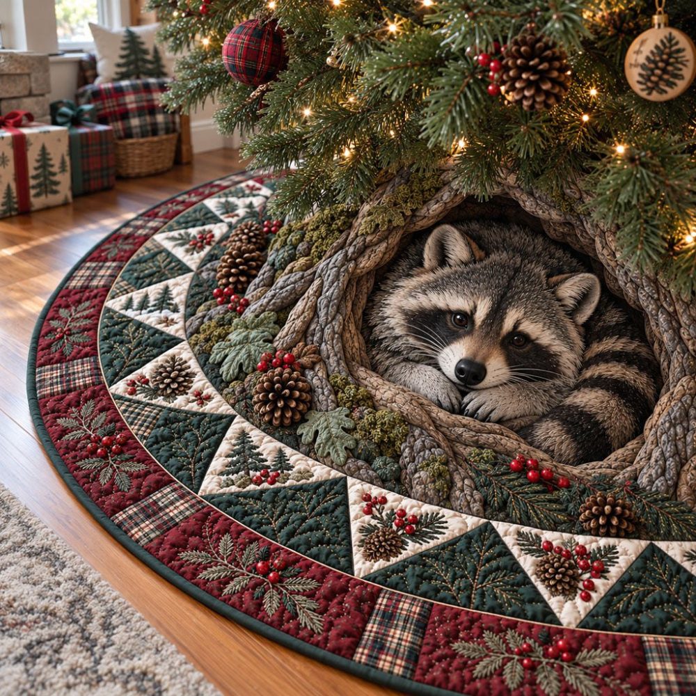 Woodland Raccoon Hideaway Christmas Tree Skirt — Charming Handcrafted Woodland Design, Quilted Rustic Base, Custom Fit For Holiday Trees
