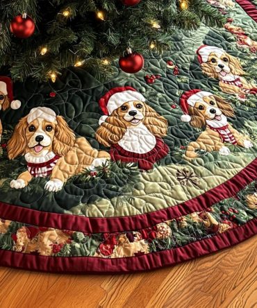 Woodland Spaniel Holiday Tree Skirt — Made-To-Order Christmas Tree Base Cover With Woodland Animal Motifs And Soft Fabric