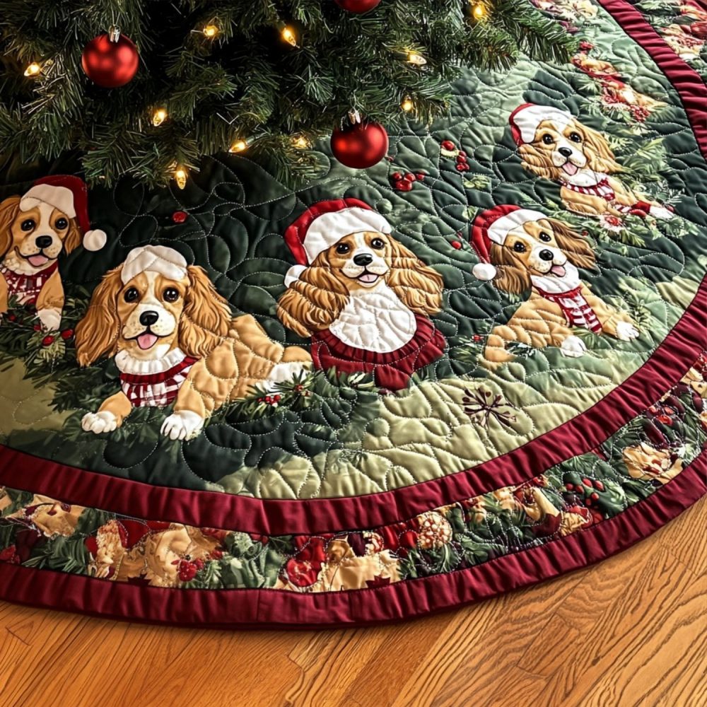 Woodland Spaniel Holiday Tree Skirt — Made-To-Order Christmas Tree Base Cover With Woodland Animal Motifs And Soft Fabric