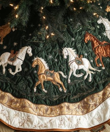 Woodland Steeds Equestrian Christmas Tree Skirt — Handcrafted Horse & Forest Holiday Skirt, Custom Rustic Stable Decor