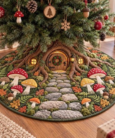 Handcrafted Woodland Wonder Christmas Tree Skirt — Nature-Inspired Holiday Base Mat With Deer & Pinecone Details, Custom Fit