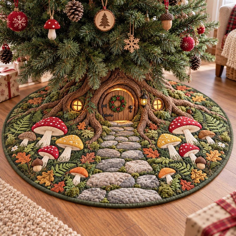 Handcrafted Woodland Wonder Christmas Tree Skirt — Nature-Inspired Holiday Base Mat With Deer & Pinecone Details, Custom Fit