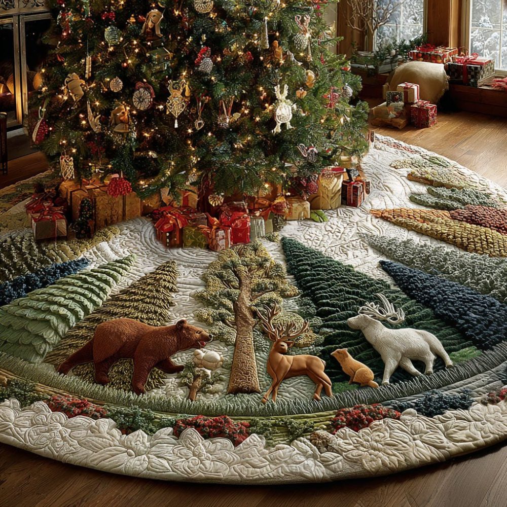 Woodland Animals In The Pine Valley Tree Skirt — Made-To-Order Charming Christmas Base Cover With Nature-Inspired Design Elements