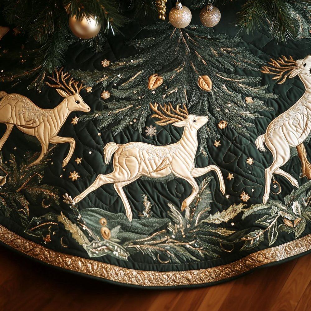Golden Reindeer On Deep Green Luxury Tree Skirt — Made-To-Order Elegant Christmas Tree Base Cover With Metallic Embroidery