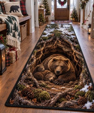 Woodland Bear Hideaway Runner — Nature-Inspired Hall Rug With Bear & Fern Motifs, Soft Durable Surface & Non-Slip Backing For Cabins