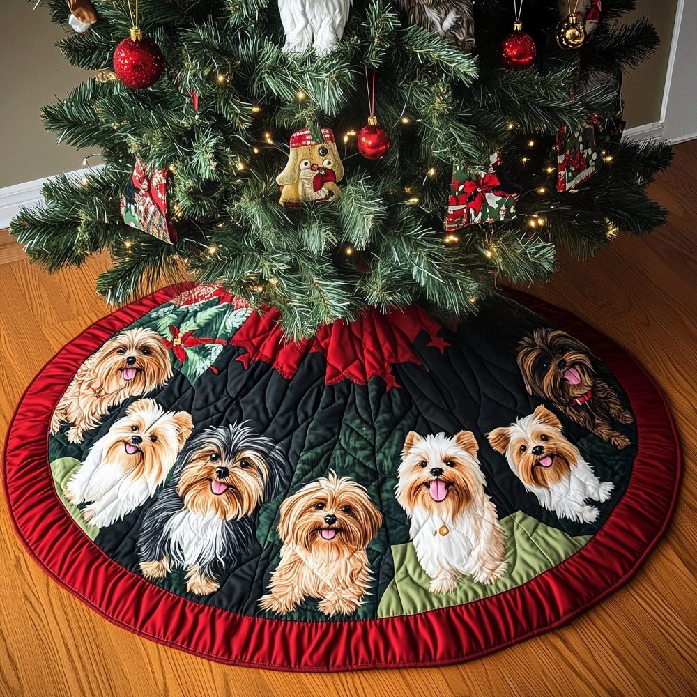 Charming Yorkie Noel Holiday Tree Skirt — Made-To-Order Custom Christmas Tree Base Cover For Cozy Seasonal Decoration