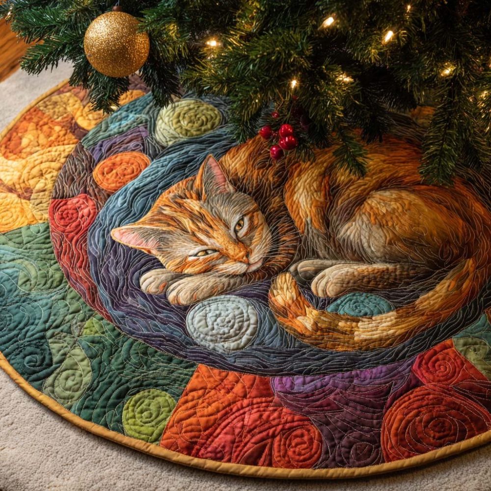Cozy Yule Nap Haven Christmas Tree Skirt — Custom Plush Tree Skirt, Handmade Holiday Base Cover For Elegant Seasonal Decor