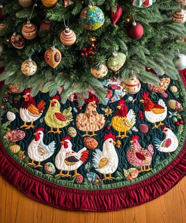 Yuletide Chickens Parade Tree Skirt — Handcrafted Country Farmhouse Base With Cheerful Chicken Motif & Custom Sizing