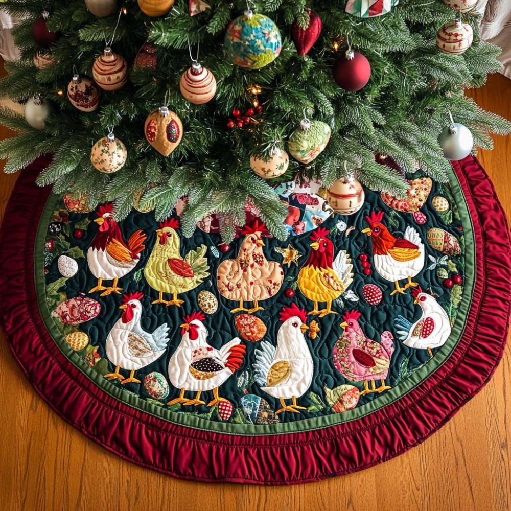 Yuletide Chickens Parade Tree Skirt — Handcrafted Country Farmhouse Base With Cheerful Chicken Motif & Custom Sizing