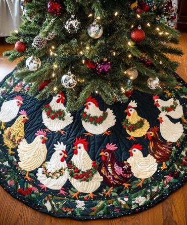 Yuletide Flock Holiday Tree Skirt — Custom Handcrafted Base Featuring Festive Birds, Soft Fabrics & Tailored Size Options