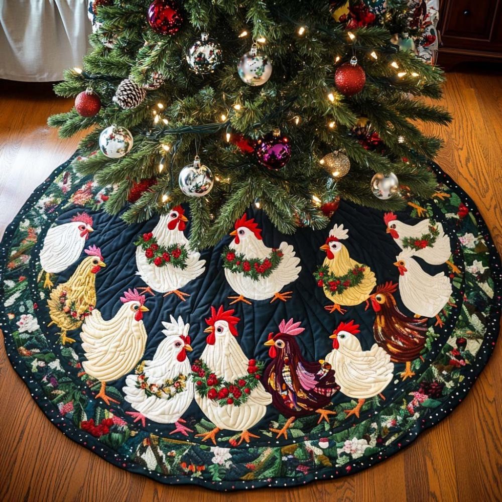 Yuletide Flock Holiday Tree Skirt — Custom Handcrafted Base Featuring Festive Birds, Soft Fabrics & Tailored Size Options