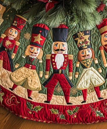Nutcracker Guard Ruby Holly Hem Tree Skirt — Custom-Made Holiday Base With Classic Nutcracker Motif & Rich Ruby Trim