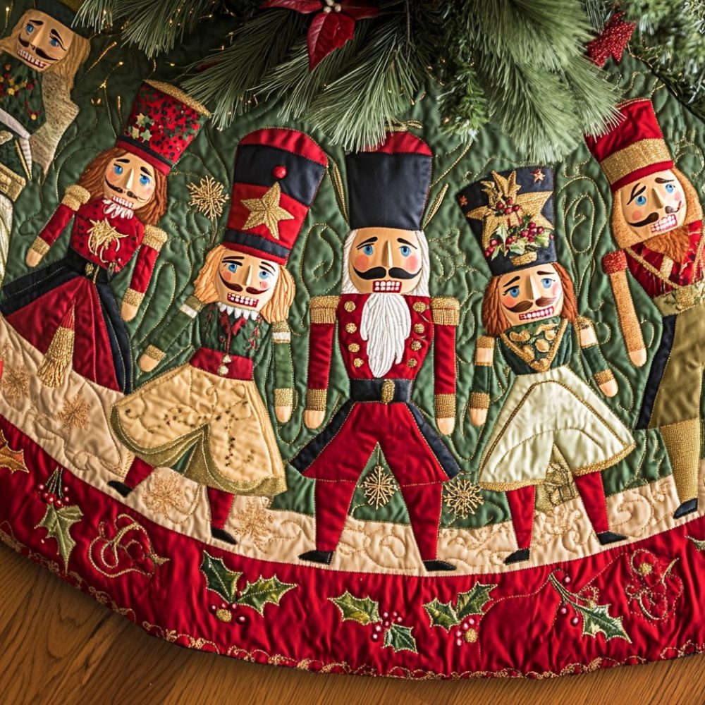 Nutcracker Guard Ruby Holly Hem Tree Skirt — Custom-Made Holiday Base With Classic Nutcracker Motif & Rich Ruby Trim