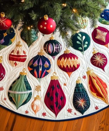 Vintage Baubles On Ivory Quilt Tree Skirt — Luxurious Handmade Holiday Skirt With Antique Ornament Motif & Quilted Texture