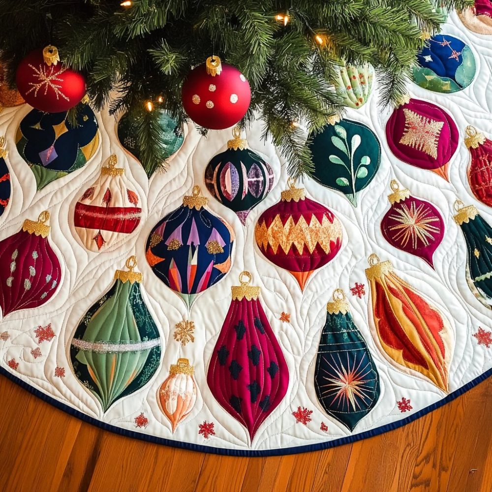 Vintage Baubles On Ivory Quilt Tree Skirt — Luxurious Handmade Holiday Skirt With Antique Ornament Motif & Quilted Texture