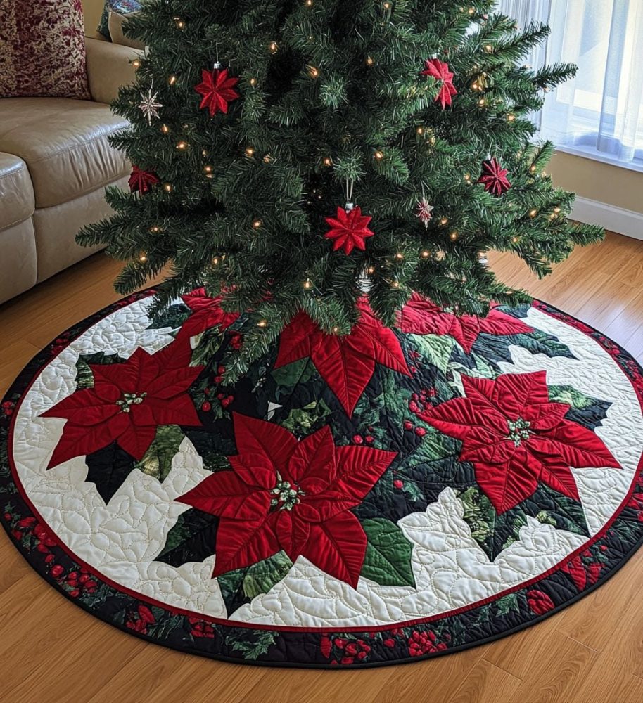Red Poinsettia Snow White Ring Tree Skirt — Handmade Elegant Holiday Base With Bold Poinsettias, Custom Fit & Durable Fabric