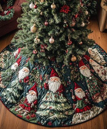 Santa Gnomes In Pine Wedges Tree Skirt — Custom Handcrafted Christmas Base With Festive Wedge Design, Washable & Durable