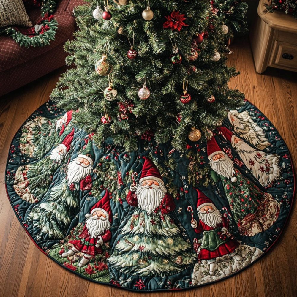 Santa Gnomes In Pine Wedges Tree Skirt — Custom Handcrafted Christmas Base With Festive Wedge Design, Washable & Durable