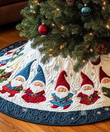 Festive Yuletide Gnomes Round Tree Skirt — Handcrafted Holiday Base With Multiple Gnomes, Custom Sizes & Premium Fabrics