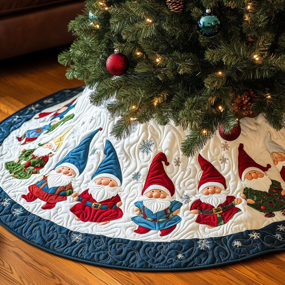 Festive Yuletide Gnomes Round Tree Skirt — Handcrafted Holiday Base With Multiple Gnomes, Custom Sizes & Premium Fabrics