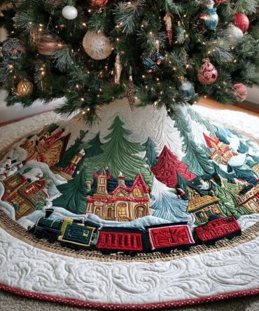Handmade Rail-Pattern Yuletide Christmas Tree Skirt — Custom Holiday Base Accent For Living Room, Farmhouse, Washable, Tailored Sizes