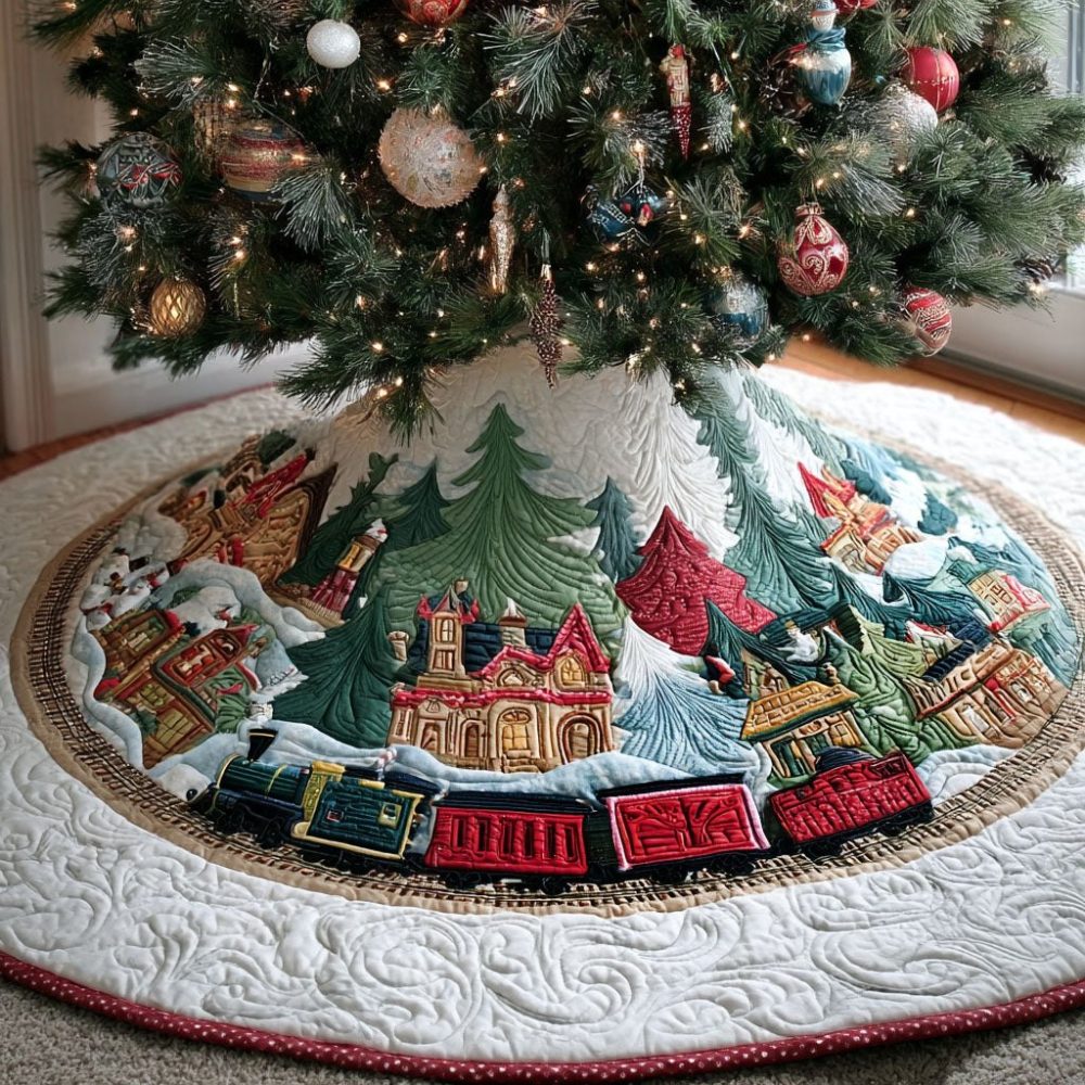 Handmade Rail-Pattern Yuletide Christmas Tree Skirt — Custom Holiday Base Accent For Living Room, Farmhouse, Washable, Tailored Sizes