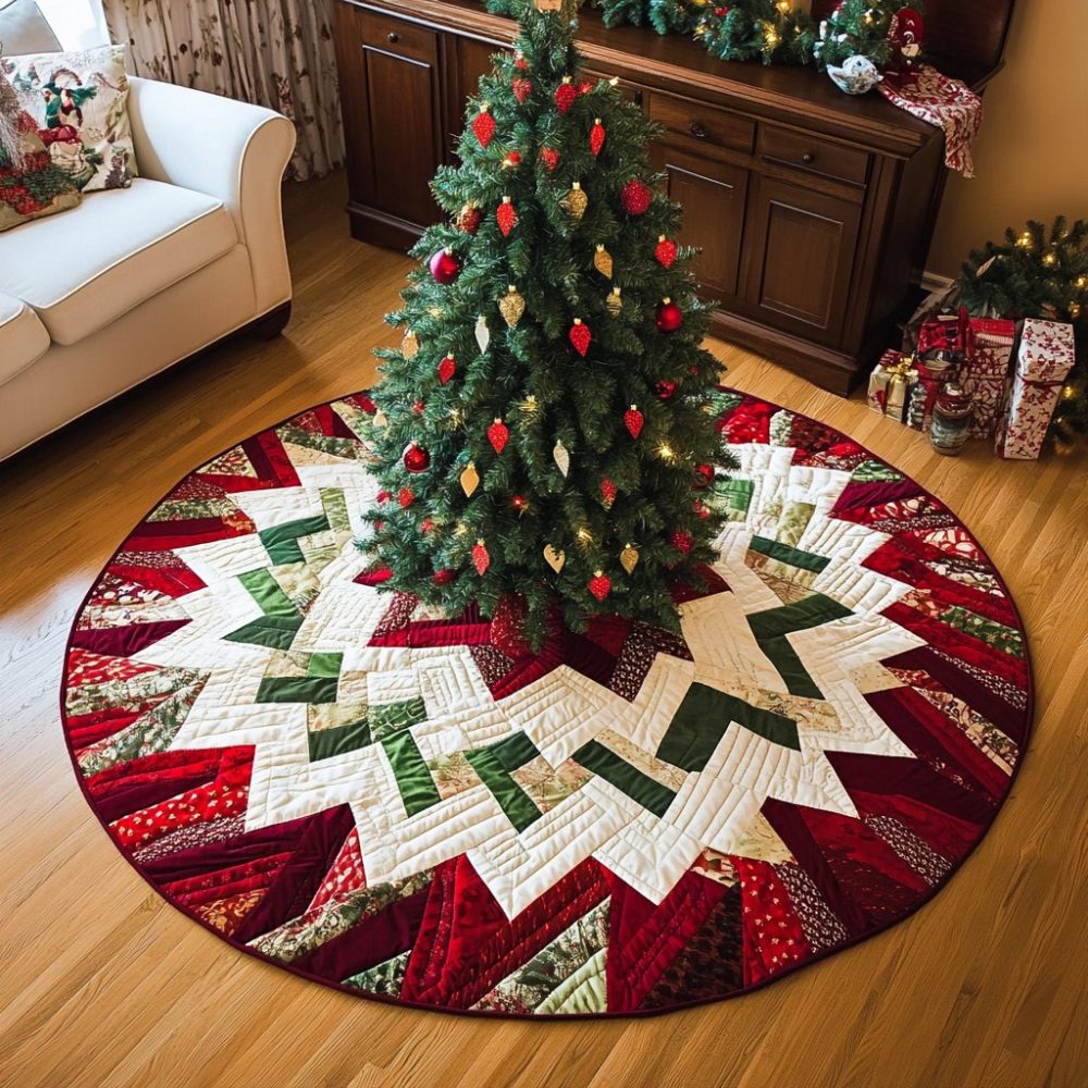 Yuletide Starburst Tree Skirt — Radiant Handcrafted Holiday Skirt With Starburst Embroidery, Custom Fit Options