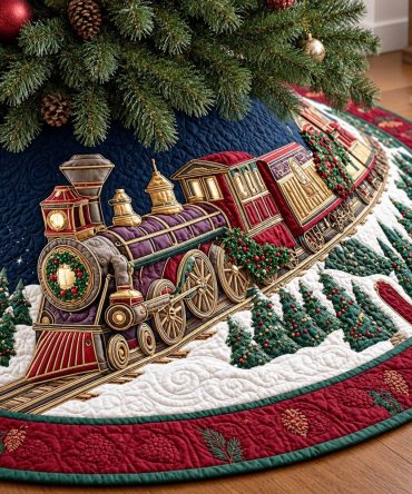 Custom Yuletide Station Christmas Tree Skirt — Handmade Plush Holiday Tree Base Cover With Personalized Rustic Charm