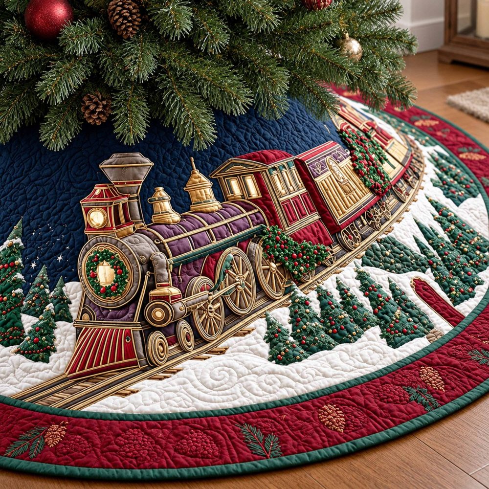 Custom Yuletide Station Christmas Tree Skirt — Handmade Plush Holiday Tree Base Cover With Personalized Rustic Charm