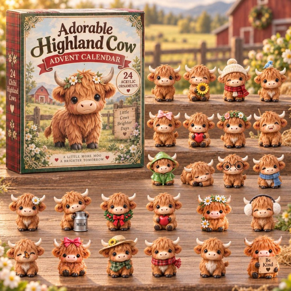 Limited Edition 2026 Highland Cow Christmas Countdown — 24-Day Acrylic Charm Advent Calendar, Farmhouse Holiday Gift Set