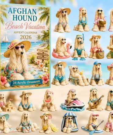 2026 Afghan Hound Beach Vacation Countdown — 24-Day Acrylic Charm Advent Calendar With Summer Dog & Seaside Designs, Holiday Gift