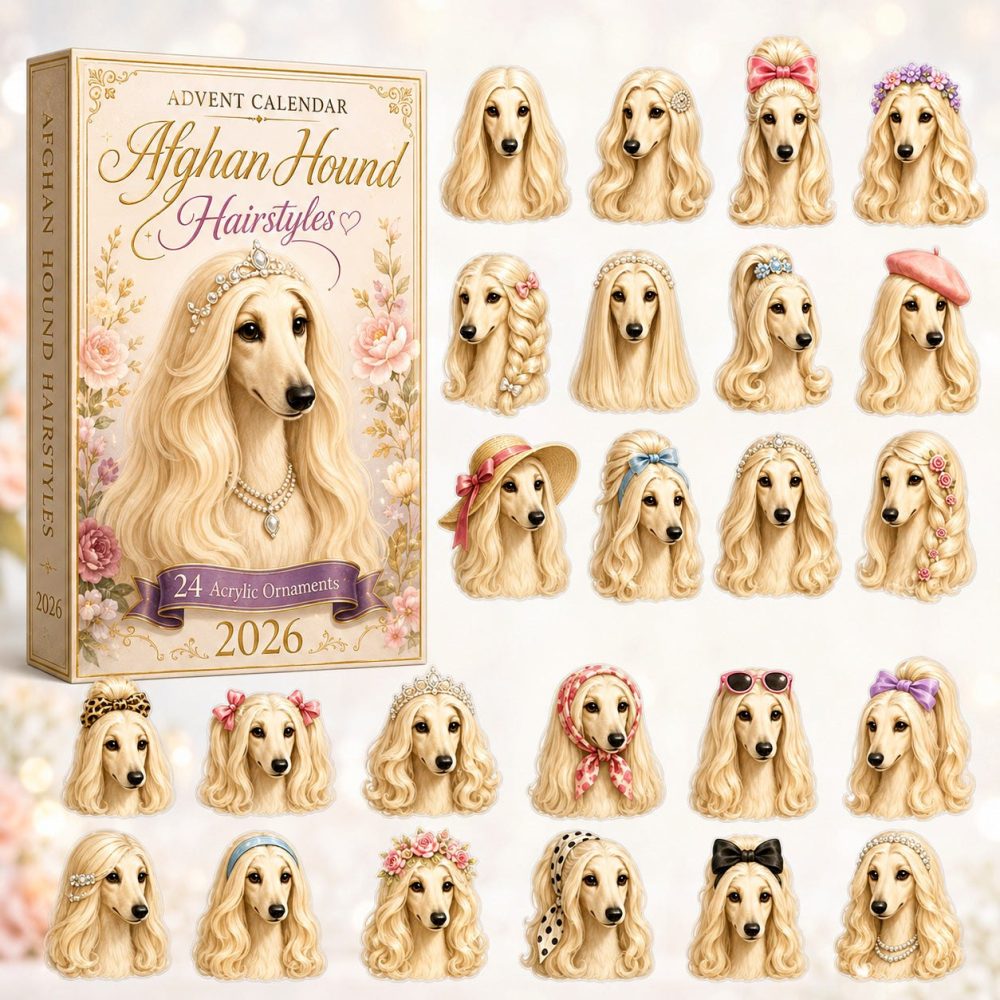 2026 Afghan Hound Hairstyles Holiday Countdown — 24-Day Acrylic Charm Advent Set Celebrating Elegant Afghan Dog Looks, Perfect Gift
