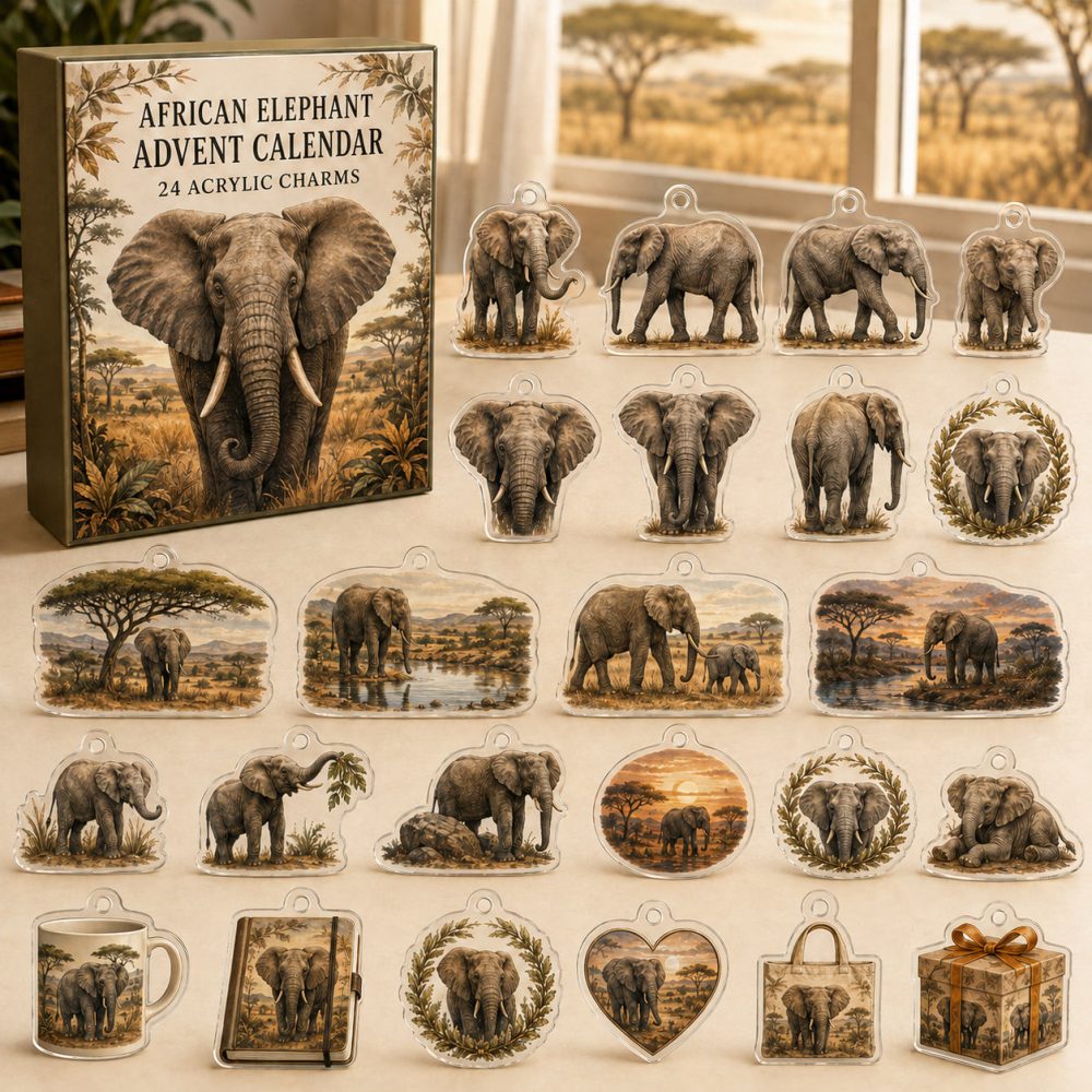 African Elephant Safari Countdown — 24 Bold Acrylic Elephant Charms, Daily Reveal Advent Gift Celebrating Majestic Wildlife 2026