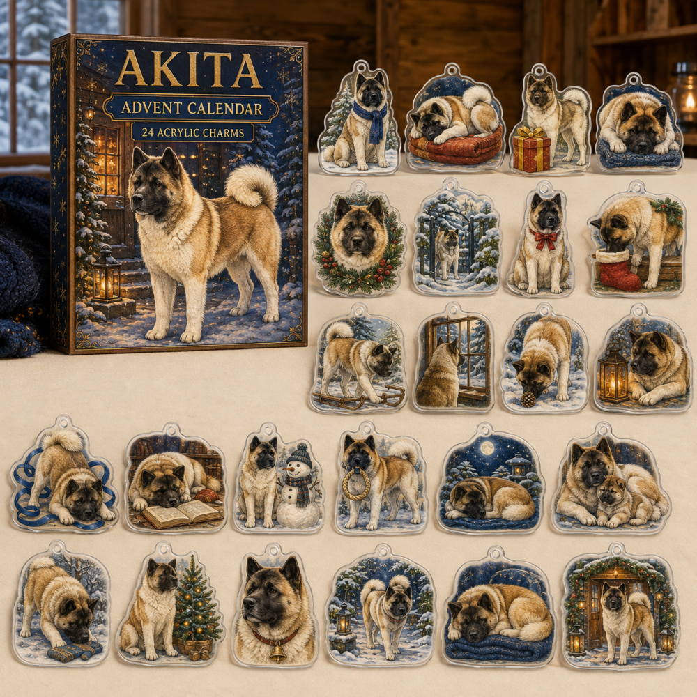 Akita Winter Holiday Countdown Advent Calendar — 24 Premium Acrylic Akita Charms, Ideal Gift For Akita Owners & Collectors