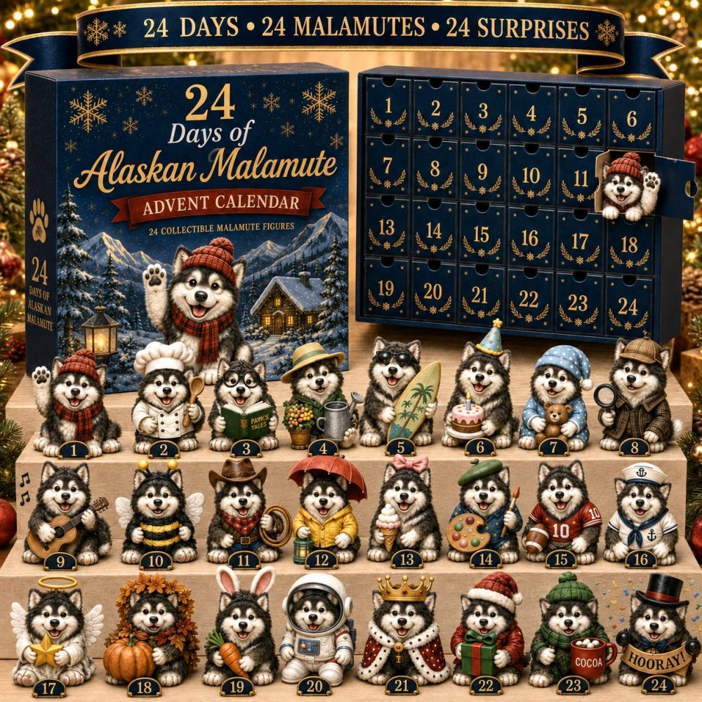 Alaskan Malamute 24-Day Advent Countdown Calendar 2026 — Collectible Acrylic Husky Charms, Cozy Holiday Gift For Dog Fans
