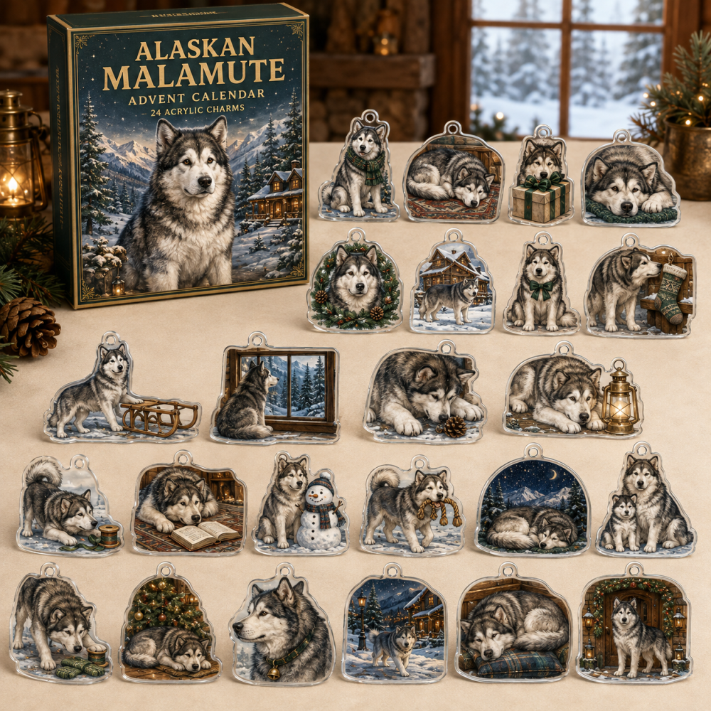 Alaskan Malamute Winter Advent Calendar — 24 Frosty Acrylic Malamute Charms, Festive Gift For Large Dog Enthusiasts