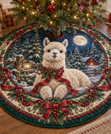 Luxe Quilted Holiday Tree Skirt Featuring Charming Alpaca Art — Plush, Pet-Safe Christmas Decor & Easy-Care Gift