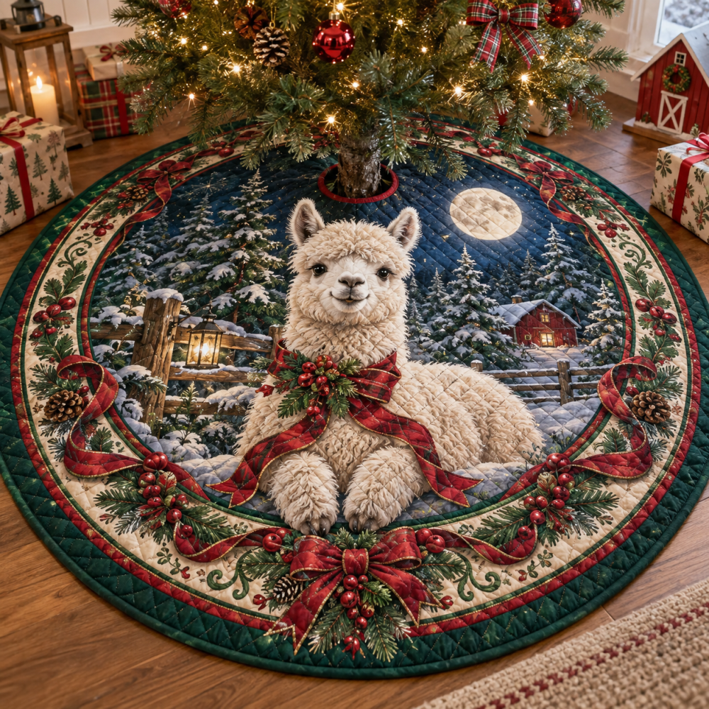 Luxe Quilted Holiday Tree Skirt Featuring Charming Alpaca Art — Plush, Pet-Safe Christmas Decor & Easy-Care Gift