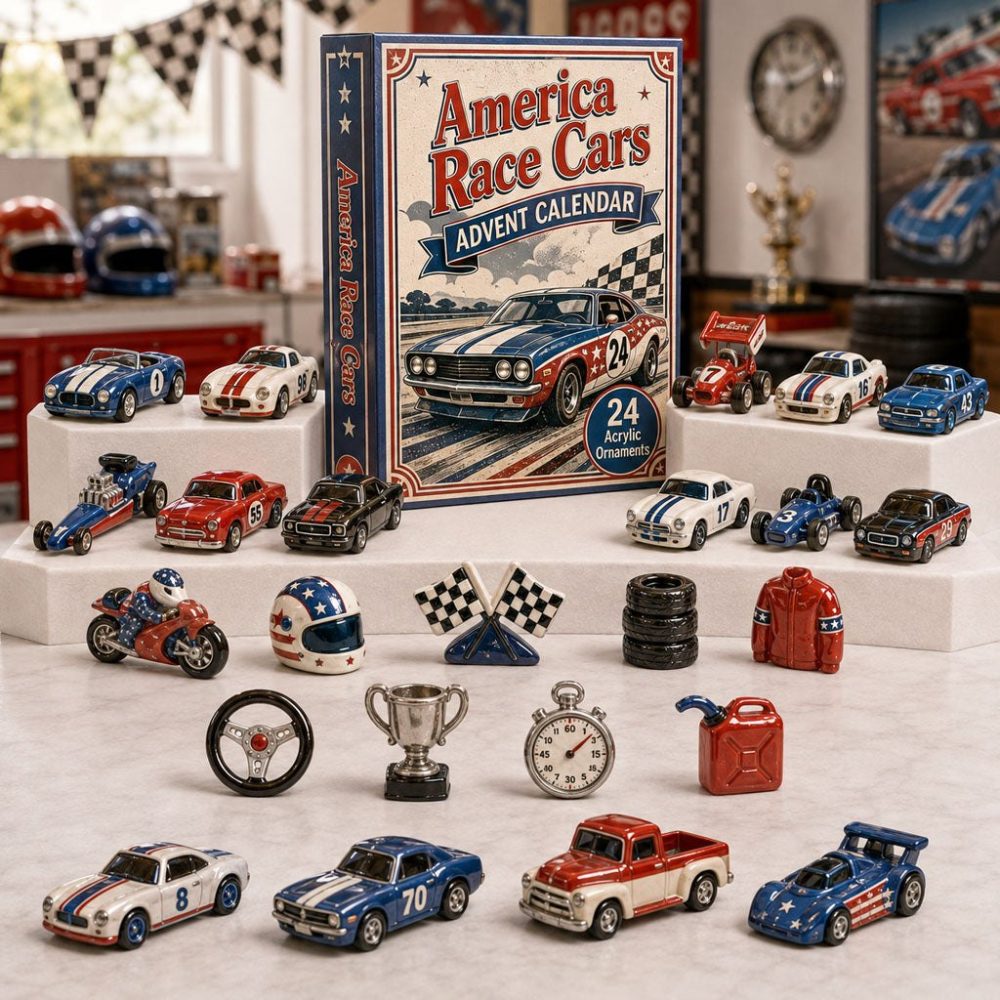 America Race Cars 2026 Advent Calendar — 24-Day Acrylic Charm Collection For Kids, Diecast-Style Racing Ornaments