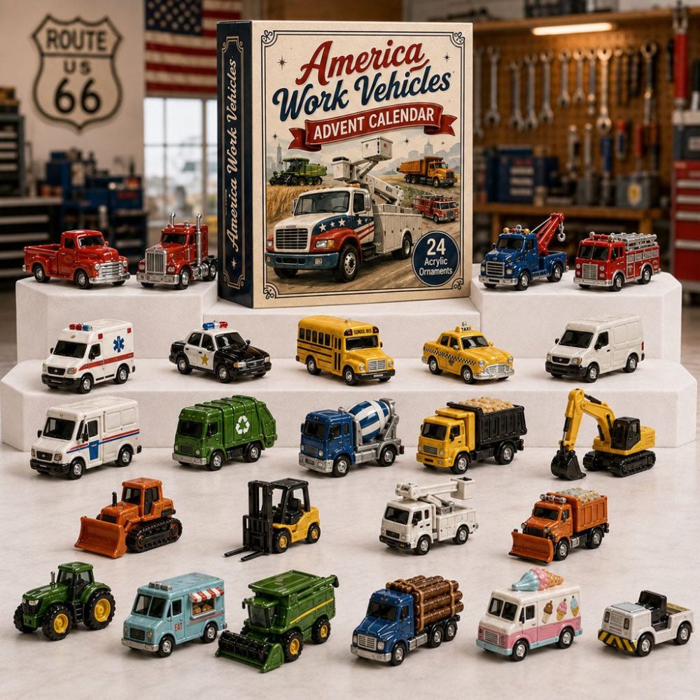 America Work Vehicles 2026 Advent Calendar — 24-Day Acrylic Charm Set Featuring Trucks, Tractors & Construction Toys