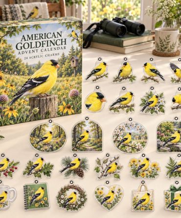 American Goldfinch Acrylic Charm Advent Box — 24 Vibrant Holiday Ornaments, Perfect Birdwatcher Gift & Decor Set