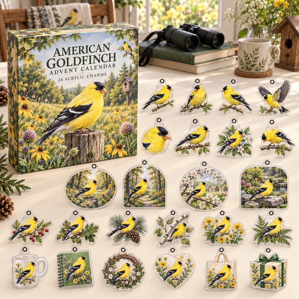 American Goldfinch Acrylic Charm Advent Box — 24 Vibrant Holiday Ornaments, Perfect Birdwatcher Gift & Decor Set