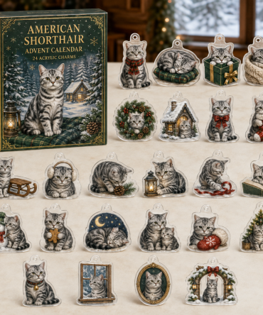 American Shorthair Festive Countdown: 24 Acrylic Charm Advent - Classic Cat Lover Gift, Durable Holiday Ornaments Set