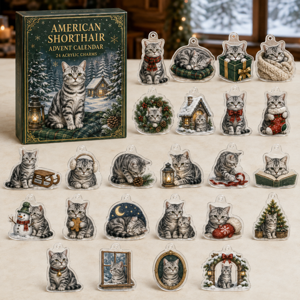 American Shorthair Festive Countdown: 24 Acrylic Charm Advent - Classic Cat Lover Gift, Durable Holiday Ornaments Set