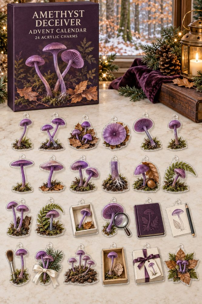 Amethyst Deceiver Mushroom 24-Day Holiday Charm Set — Acrylic Fungi Icons For Foragers, Mycology Fans & Nature Gifts