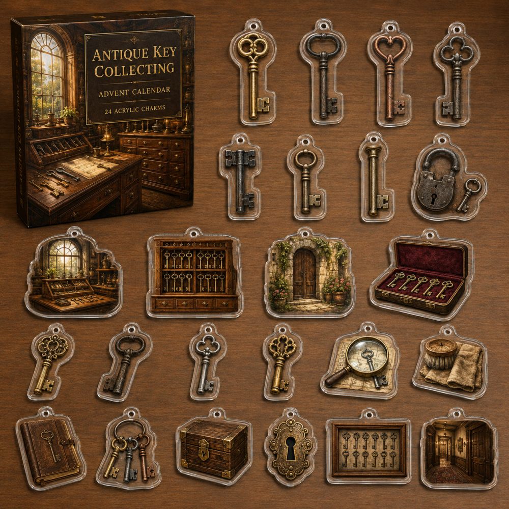 24-Day Antique Key Collector Charm Advent — Acrylic Vintage Key Charms Set, Mysterious & Elegant Holiday Gift For Collectors