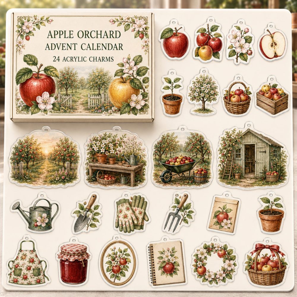 Apple Orchard Holiday Countdown — 24 Acrylic Fruit & Farm Charms, Festive Advent Gift For Gardeners & Foodies