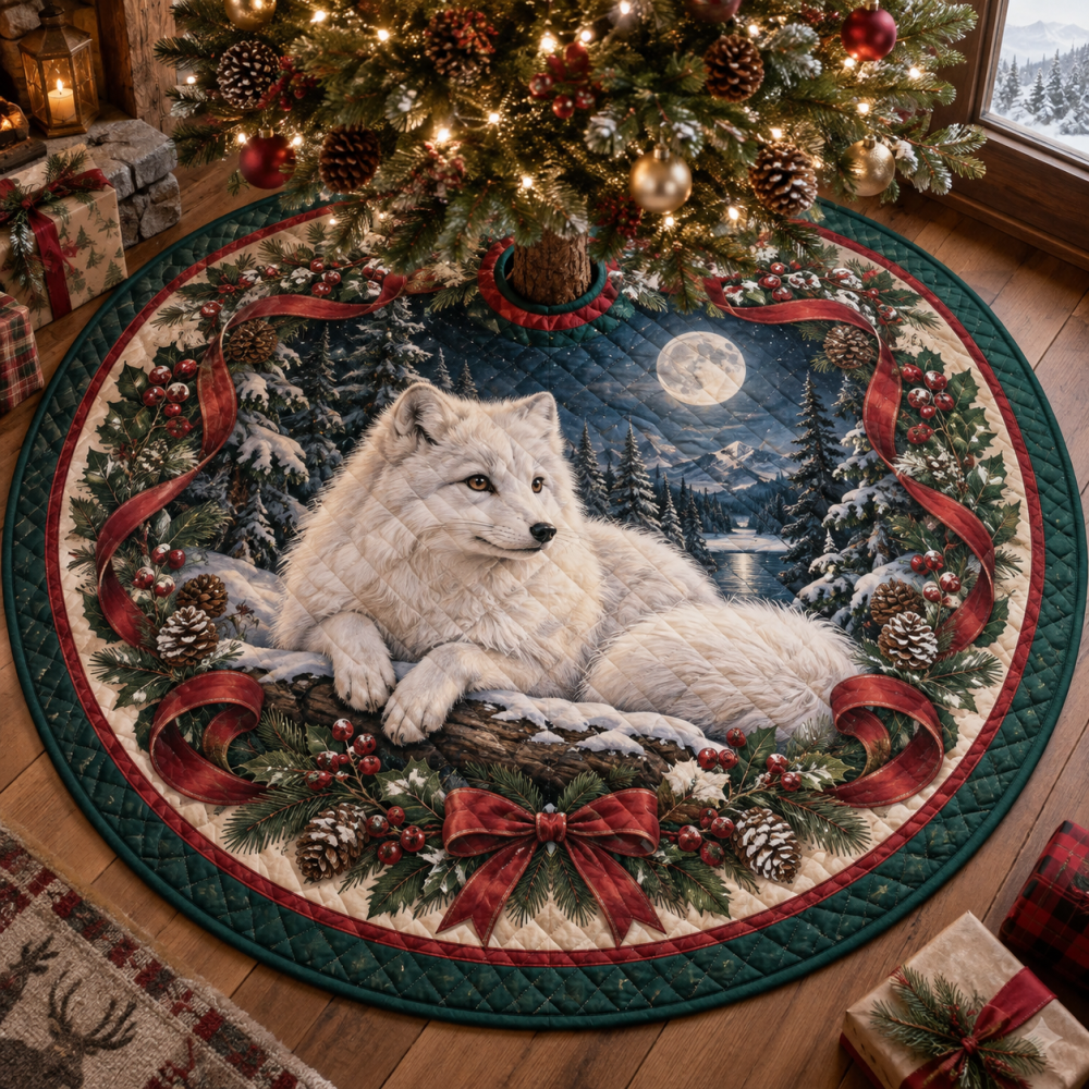 Arctic Fox Heritage Quilted Christmas Tree Skirt — 48" Round Premium Holiday Decor, Plush Lining, Machine-Washable, Gift-Ready
