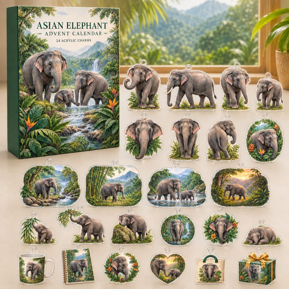 Asian Elephant Conservation Countdown — 24 Detailed Acrylic Elephant Charms, Daily Reveal Set Supporting Wildlife Fans 2026
